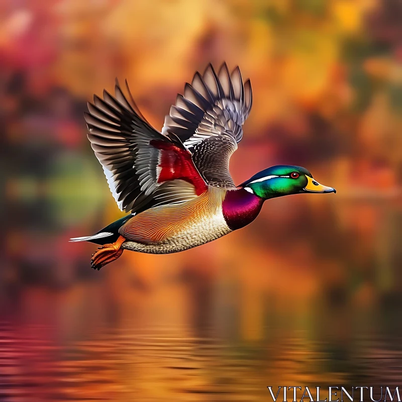 Mallard Duck in Autumn Flight AI Image