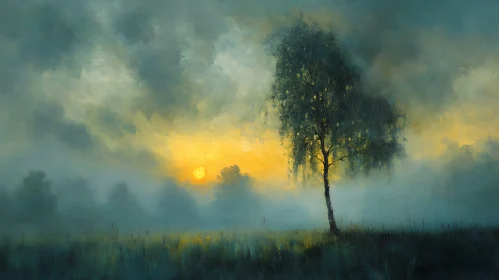 Misty Sunset Tree Fine Art Print