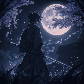 Anime Samurai Contemplates Under Moon