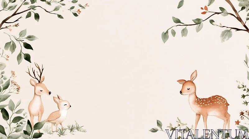 Peaceful Woodland Illustration with Fawns and Deer AI Image