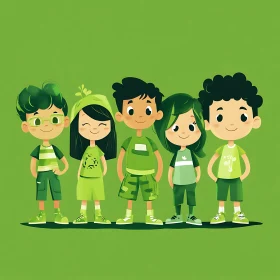 Group of Green Cartoon Kids