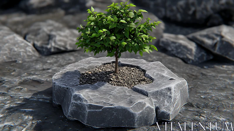 Miniature Tree in Rock Planter AI Image