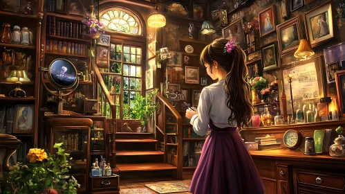 Vintage Room with Girl and Books