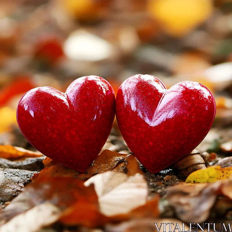 Two Red Hearts on Autumn Leaves AI Image