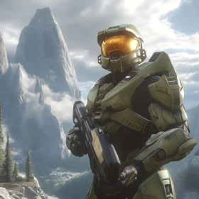 Futuristic Soldier in Mountain Landscape