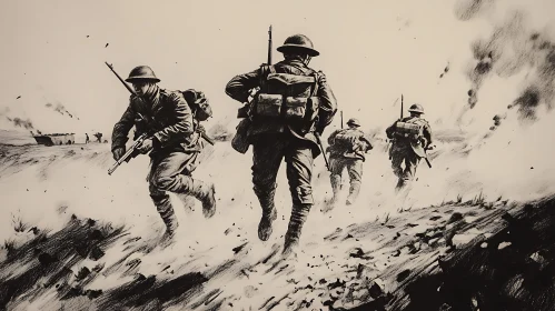 Advancing Soldiers on Battlefield Sketch