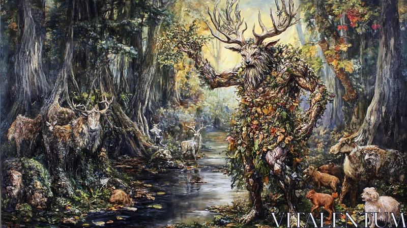 Mystical Forest Guardian with Wildlife AI Image