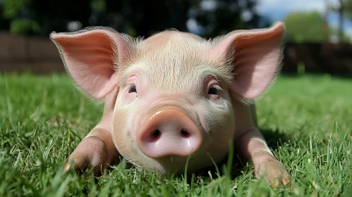 Cute Piglet on Lush Green Lawn