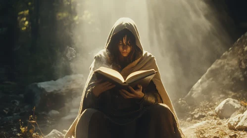 Hooded Figure Reading Book in Forest