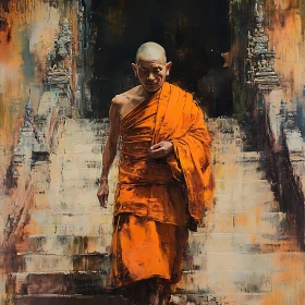 Serene Monk on Ancient Steps Painting