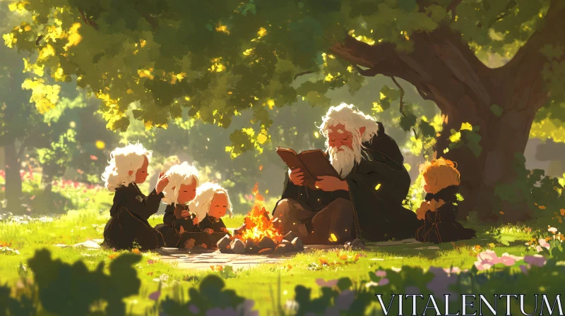 Children Gathered Around Campfire Listening to Stories AI Image