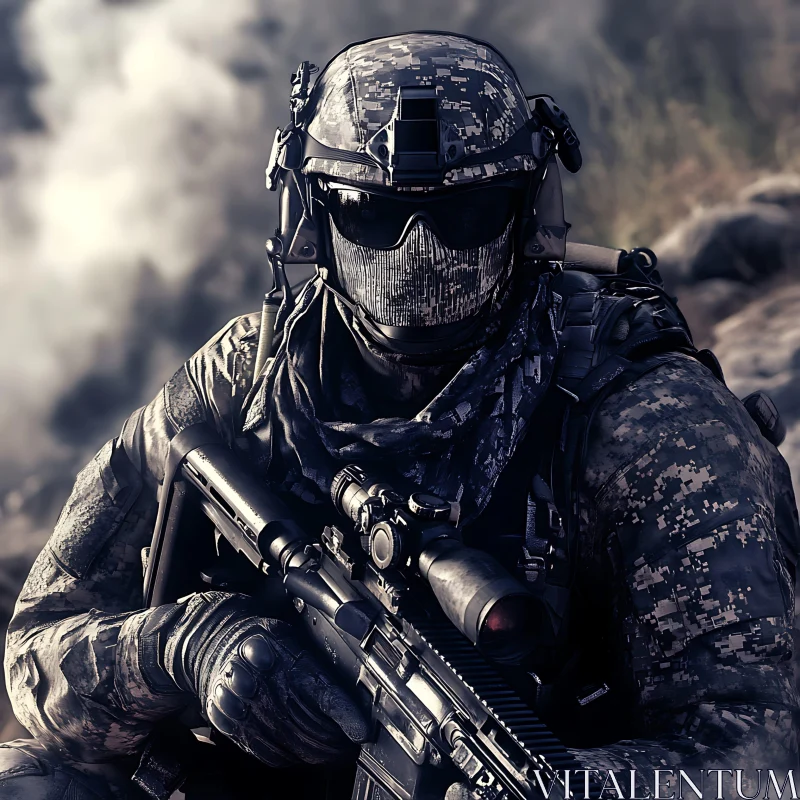 Armed Soldier in Smoky Environment AI Image