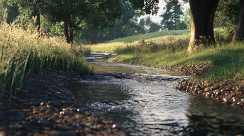 Tranquil Stream in a Sunlit Forest