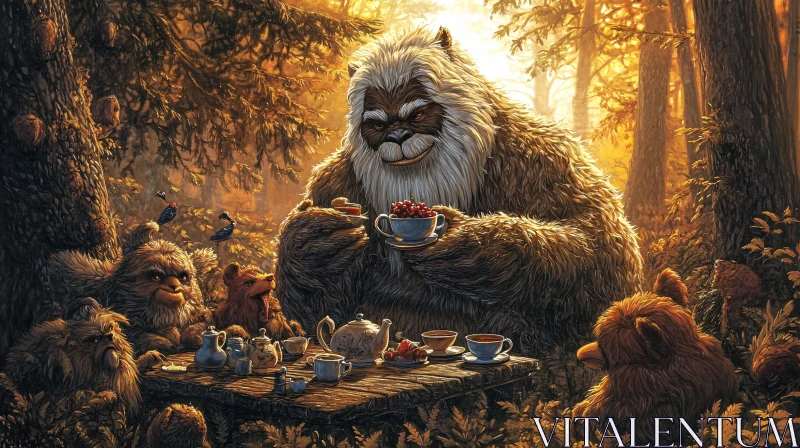 AI ART Forest Tea Party with Bigfoot