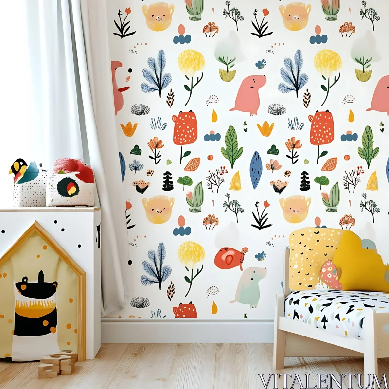 Playful Kids Room with Illustrated Wallpaper AI Image