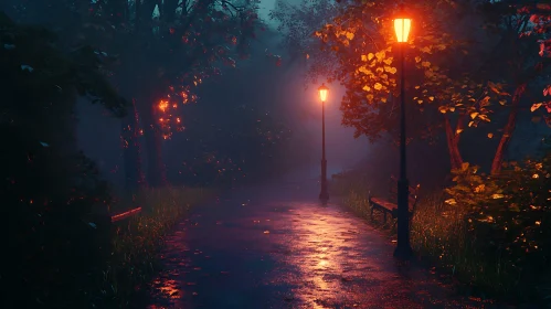 Illuminated Park Path at Night