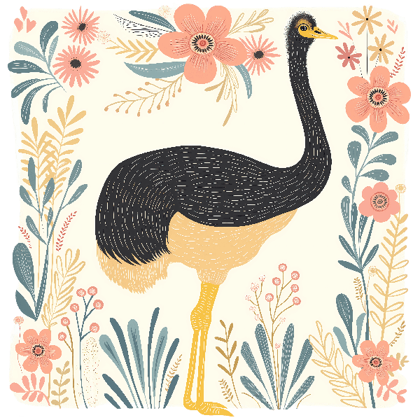 Ostrich and Flowers Art Illustration POD Design