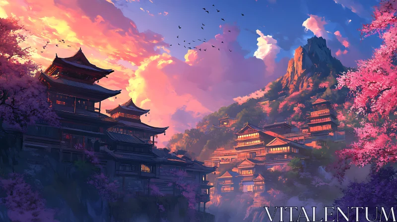 Serene Temple View with Cherry Blossoms AI Image