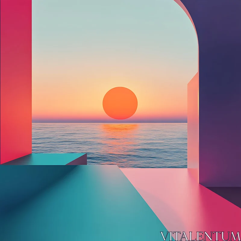 AI ART Minimalist Ocean Sunset with Geometric Shapes