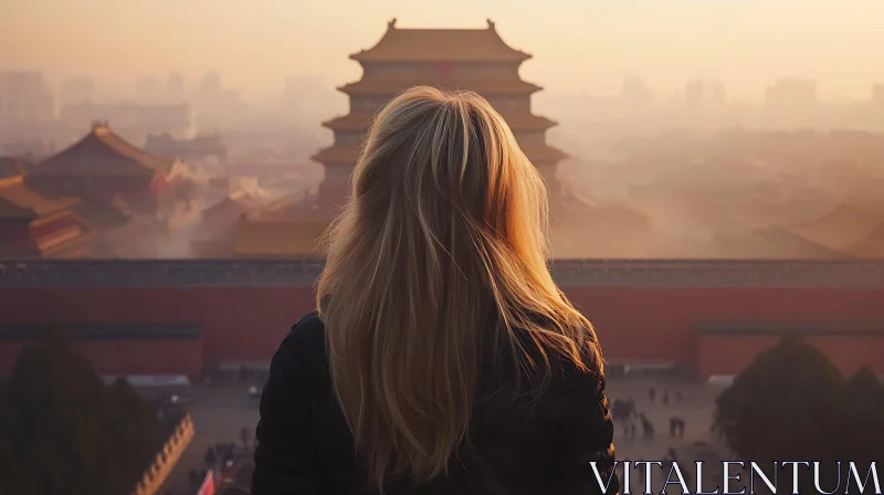 Blonde Woman Overlooking Ancient City AI Image