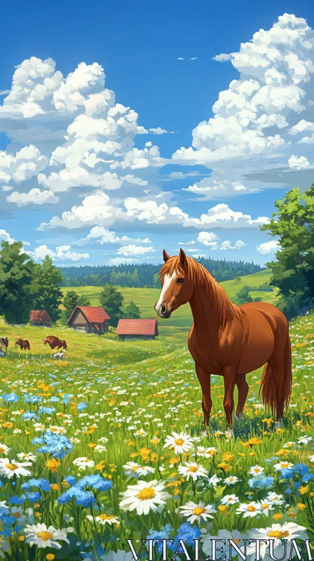 Horse Grazing in Lush Flower Meadow AI Image