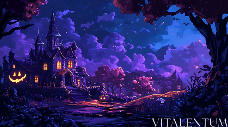 Pixelated Halloween House Under Night Sky AI Image