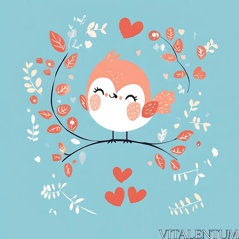 Cartoon Bird on Branch with Hearts AI Image