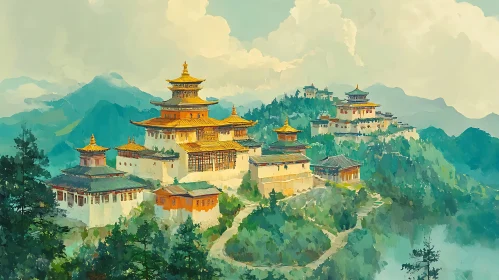 Watercolor Mountain Monastery Art