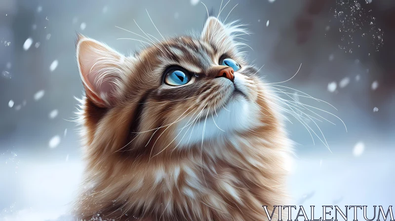 Blue-Eyed Cat in Snow AI Image