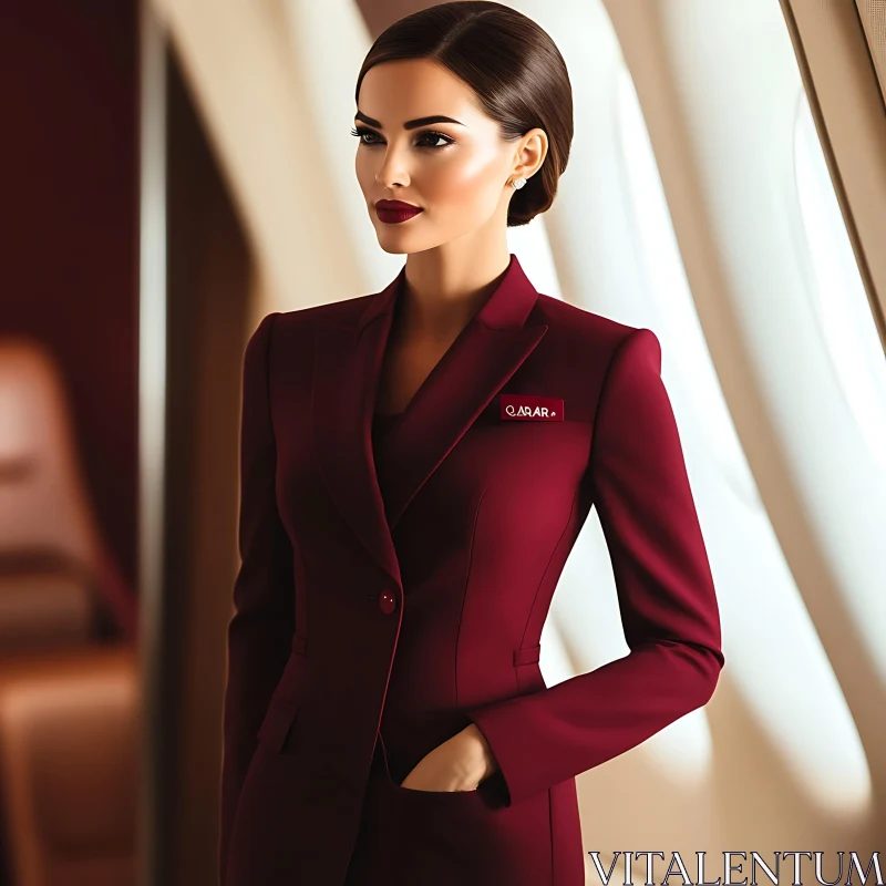 Professional Airline Attendant in Maroon Outfit AI Image