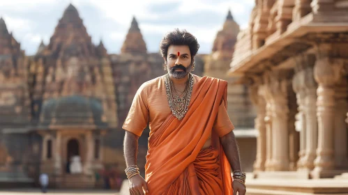 Indian Man Portrait with Ancient Temple