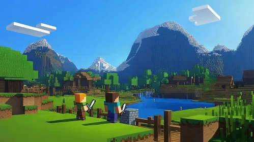 Blocky Minecraft Landscape with Mountains