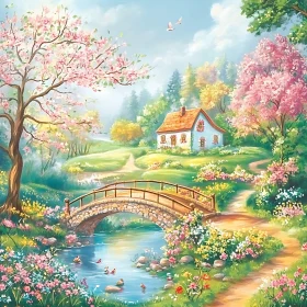 Tranquil Cottage with Stone Bridge and Flowering Garden