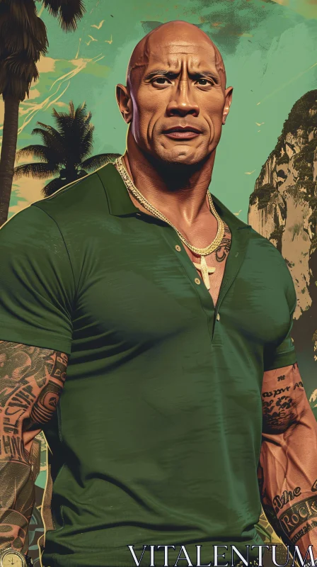 Dwayne 'The Rock' Johnson Portrait in Tropical Background AI Image