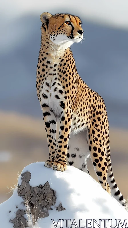 Regal Cheetah on Snow-Capped Rock AI Image