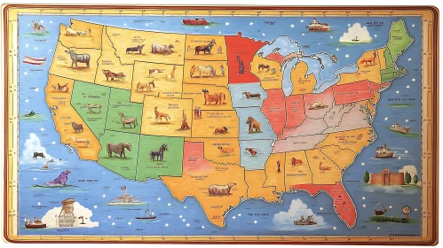 United States Map Featuring Animals and Landmarks