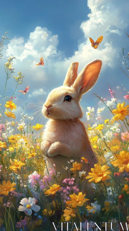 AI ART Bunny Among Flowers and Butterflies