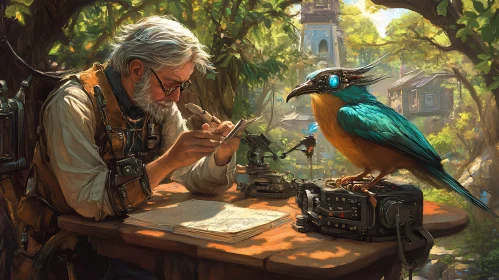 Steampunk Inventor with Avian Companion