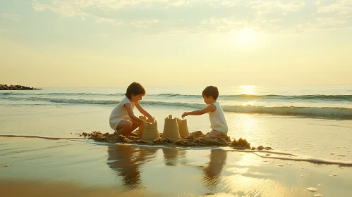 Kids Play on Beach at Sunset