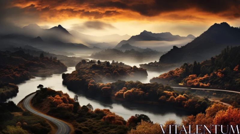 Autumn Mountains Overlooking River - Romantic Landscape Captured in Topographic Photography AI Image