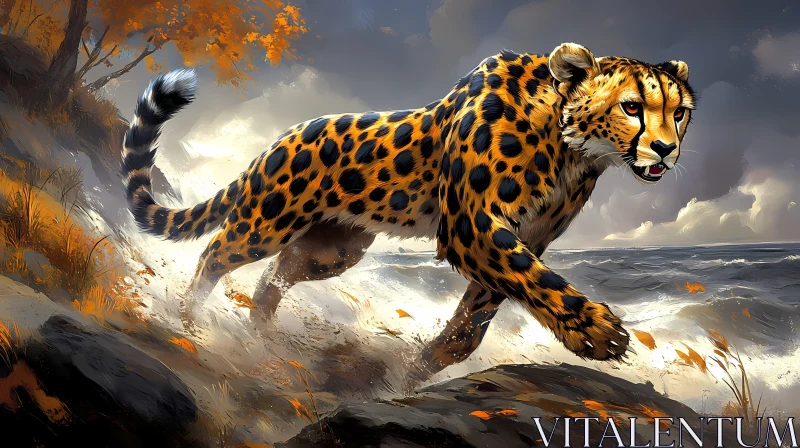 Cheetah on the Move by the Ocean AI Image