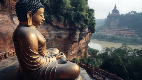 Cliffside Buddha Statue and Temple View