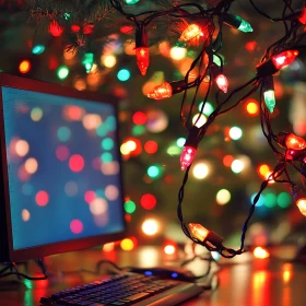Computer Desk with Christmas Lights