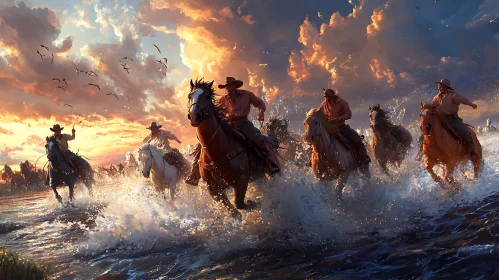 Western Cowboys Ride Horses at Sunset