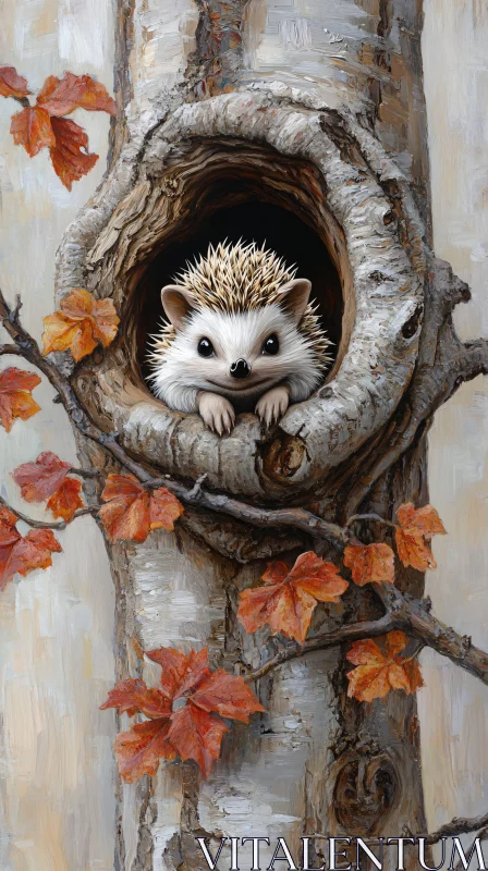 AI ART Hedgehog Peeking from Tree Hollow