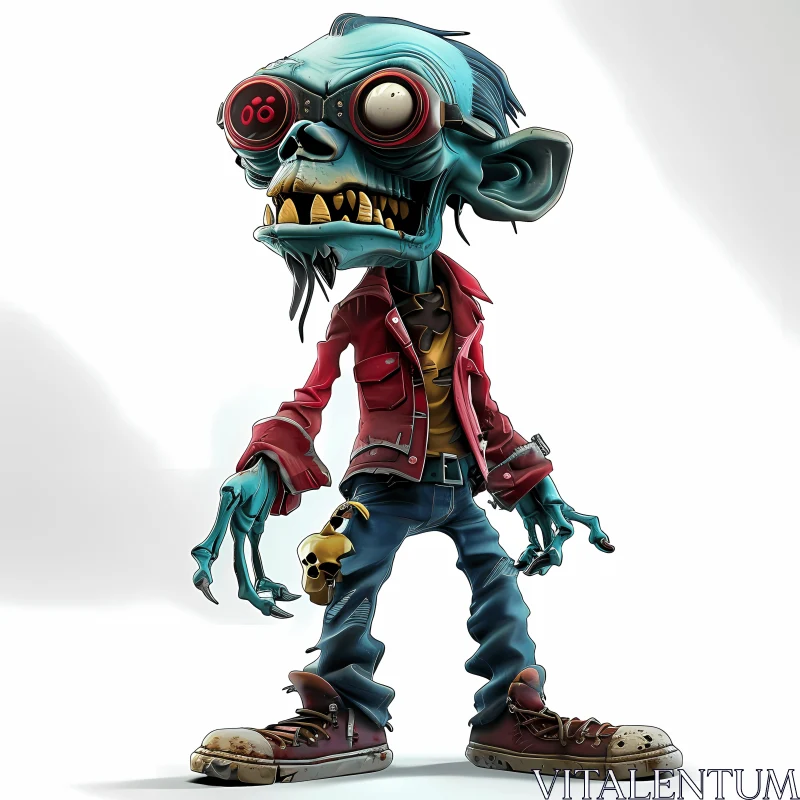 Blue-Skinned Cartoon Zombie in Casual Attire Illustration AI Image