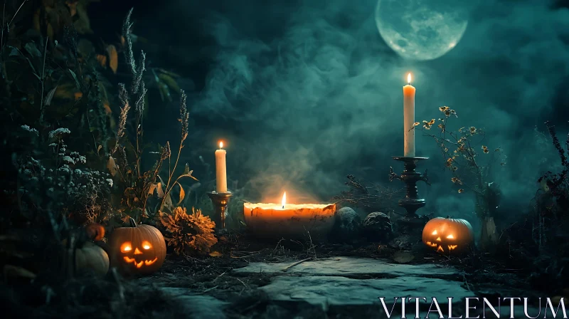 Moonlit Halloween with Candles and Pumpkins AI Image