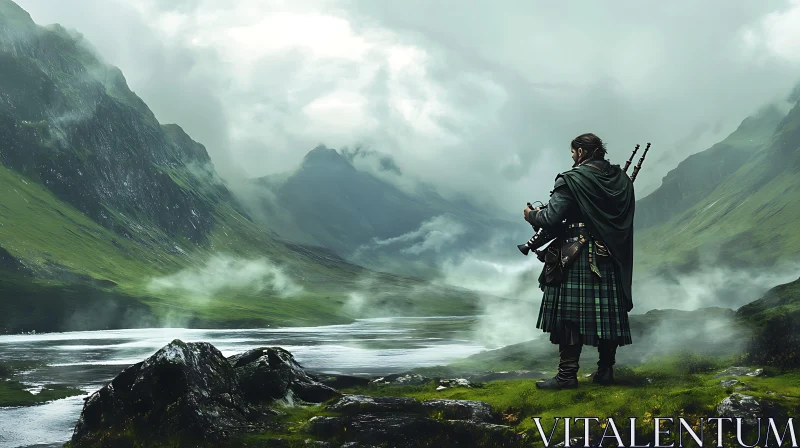 Misty Highlands Bagpiper AI Image