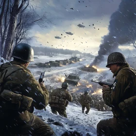 Snowy Battlefield Scene with Soldiers