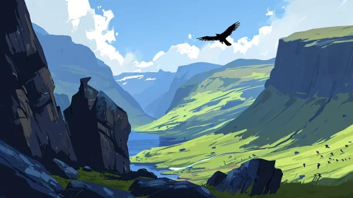 Captivating Landscape Painting of a Serene Valley and Snow-Capped Mountains